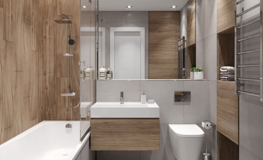 Ванная с плиткой под дерево