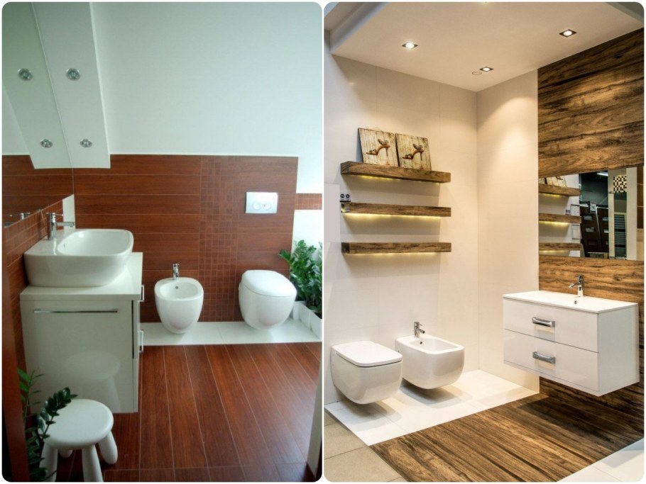 Отделка санузла плиткой под дерево