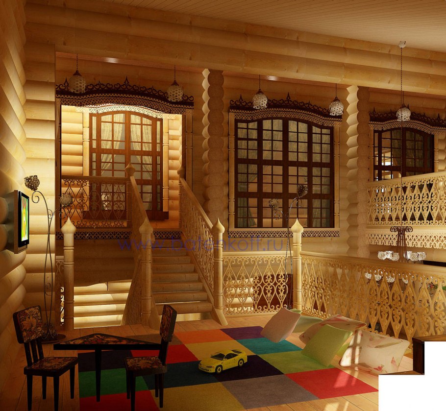 Интерьер в стиле русская усадьба в бревенчатом доме