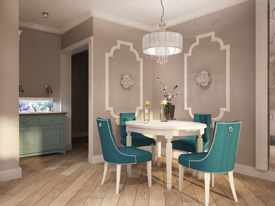 Кухня гостиная в бело бирюзовом цвете