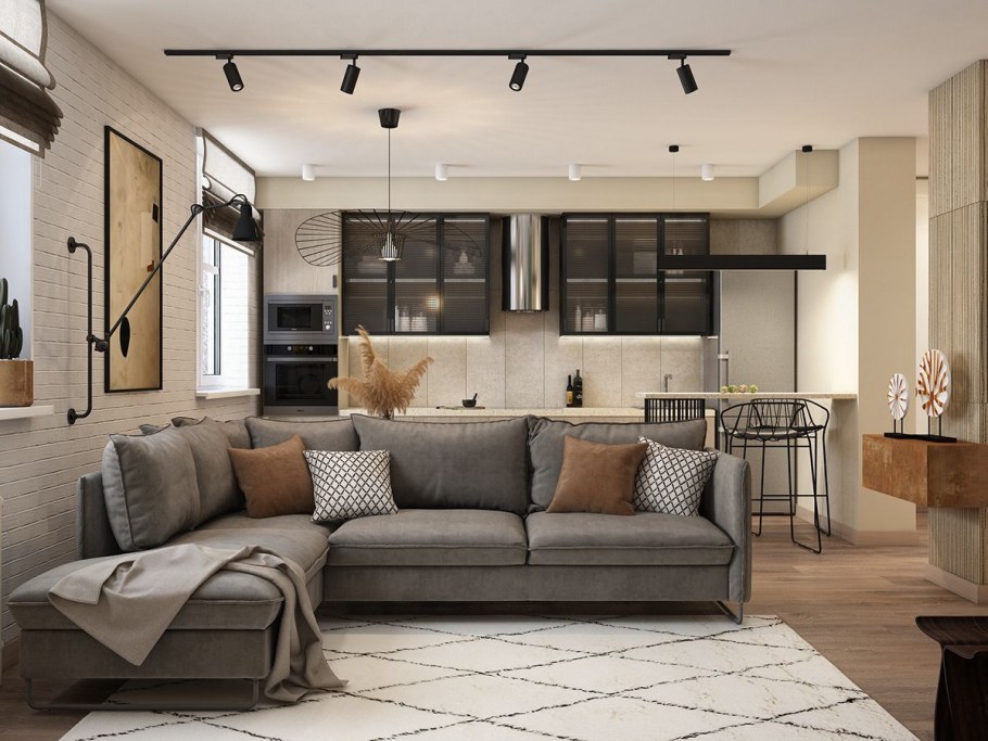 Квадратная кухня-гостиная с островом