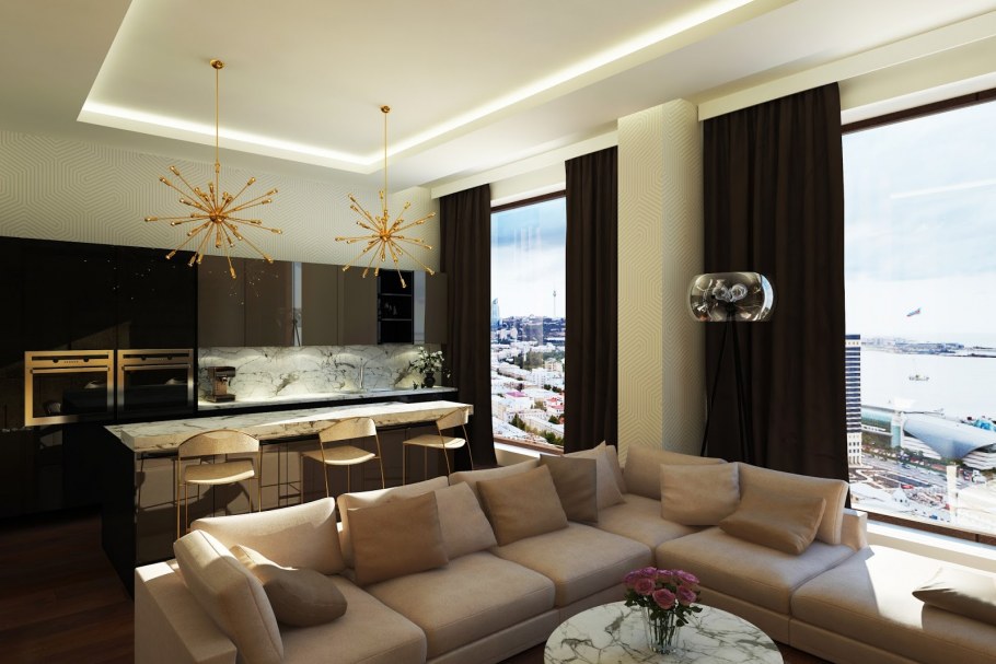 Визуализация интерьера кухни-гостиной