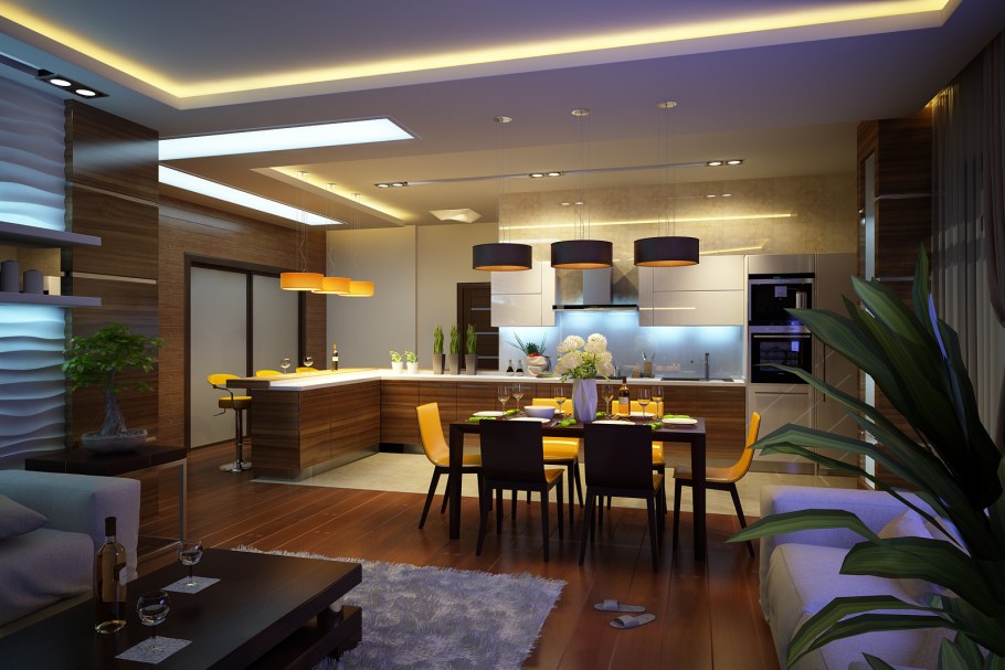 Визуализация интерьера кухни-гостиной