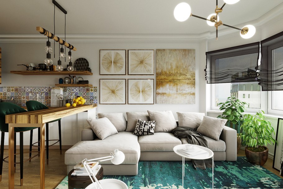 3д визуализация кухни гостиной