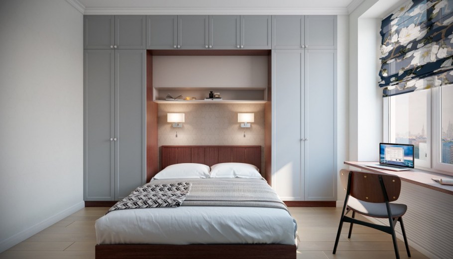 Кровать с узкими шкафами по бокам