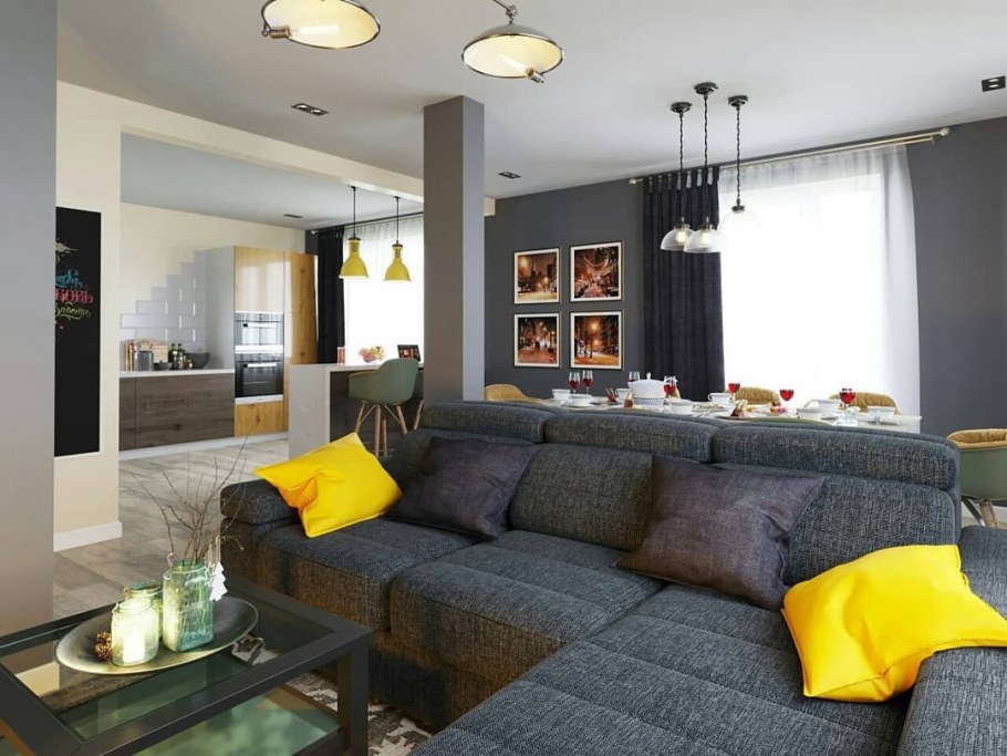 Интерьер гостиной с большим диваном