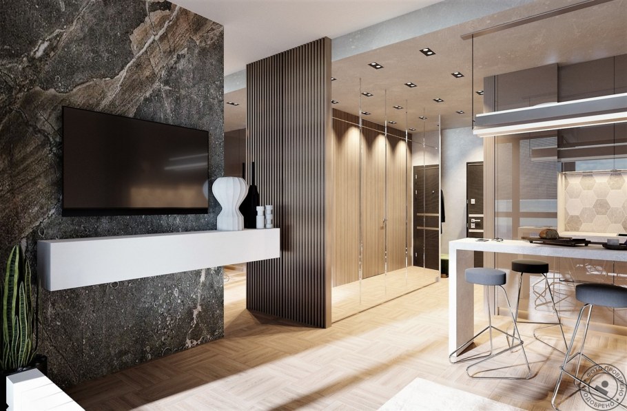 Плитка под мрамор на кухне