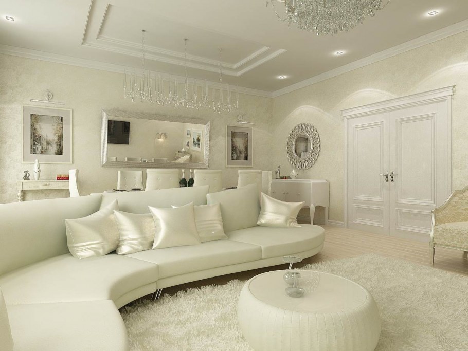 Гостиная в светлых тонах с камином