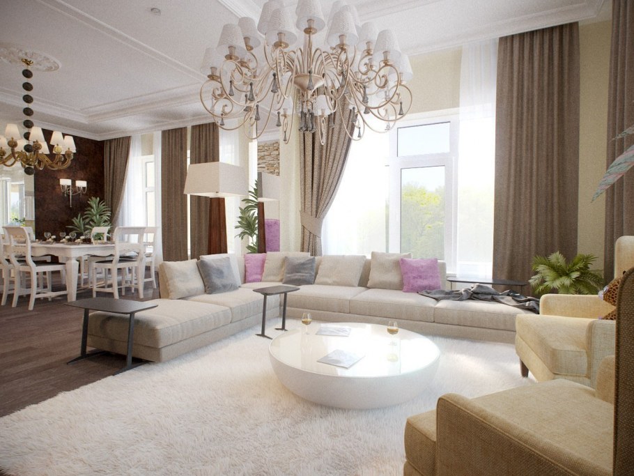 Гостиная в частном доме в светлых тонах