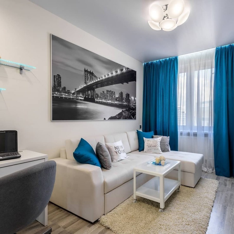 Гостиная в скандинавском стиле с кирпичной стеной