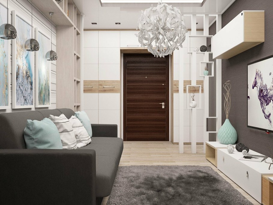Интерьер гостиной с прихожей