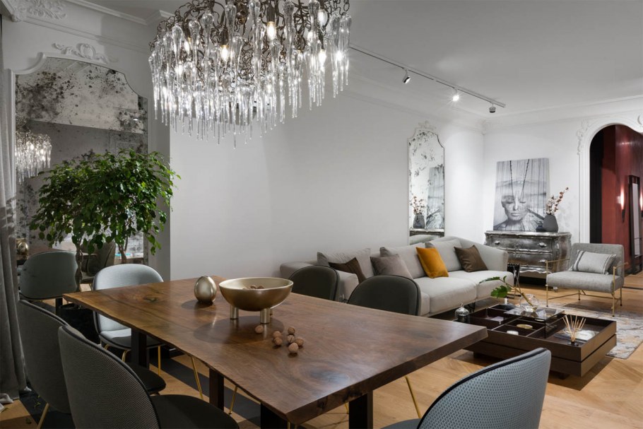 Серая кухня с гостиной Неоклассика