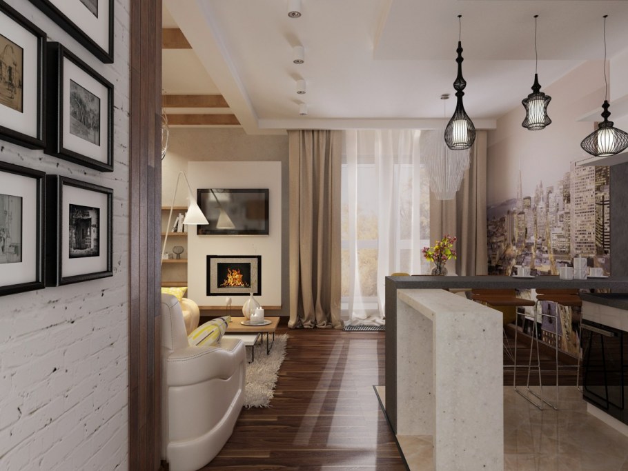 Лофт и классика кухня гостиная