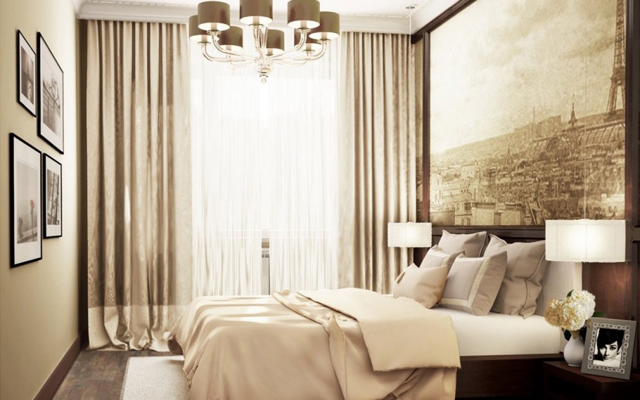 Шоколадные шторы в интерьере спальни