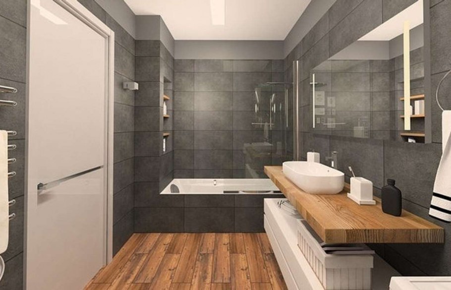 Отделка ванной комнаты в современном сером интерьере