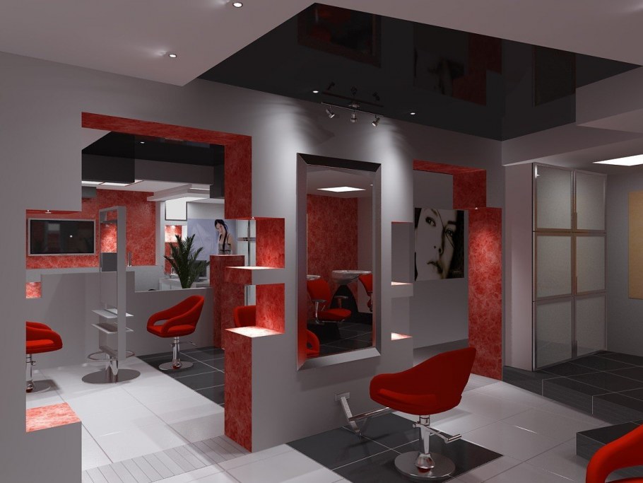 Интерьер парикмахерской с красным