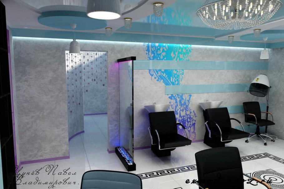 Интерьер парикмахерской в синих тонах