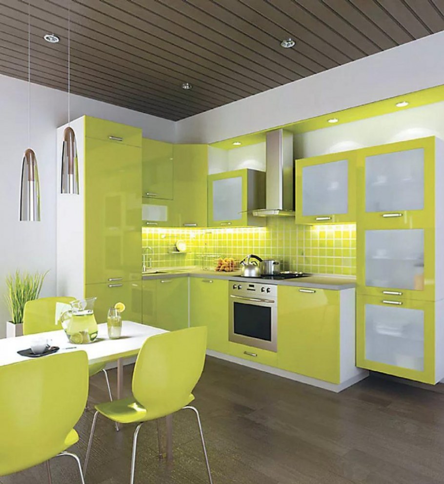 Желто зеленая кухня в интерьере