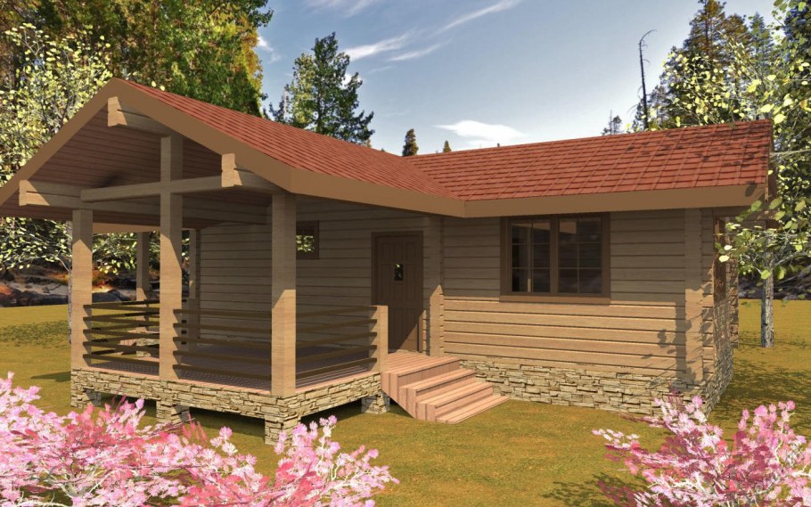 Баня из оцилиндрованного бревна с террасой и барбекю