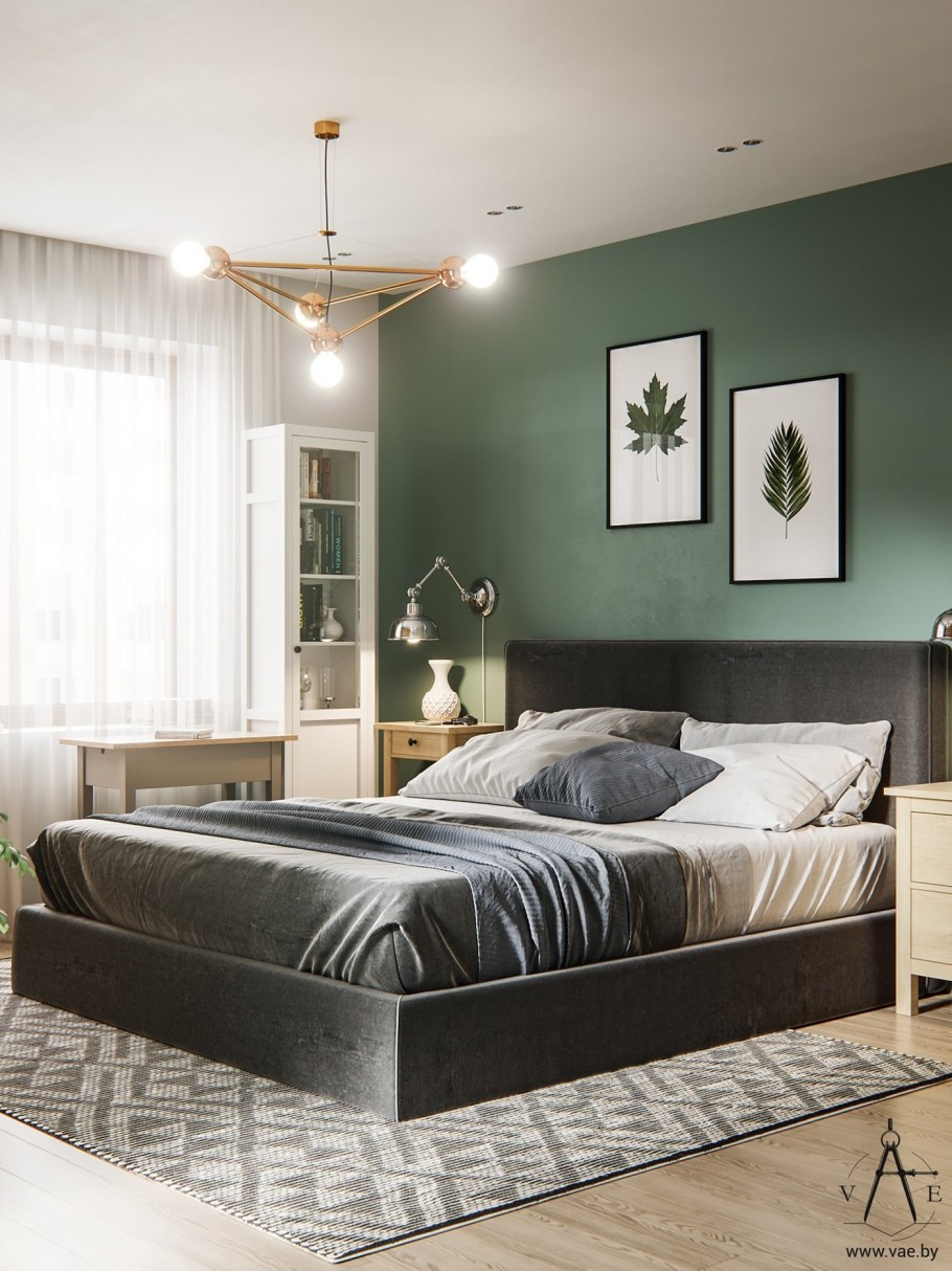Спальня в серо зеленых тонах
