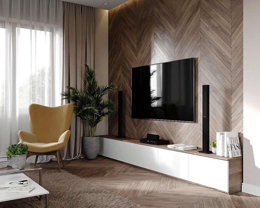 Ламинат на стену в гостиной