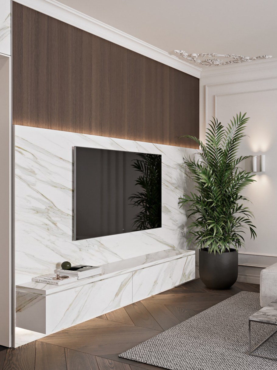 Мраморная стена в гостиной под телевизор