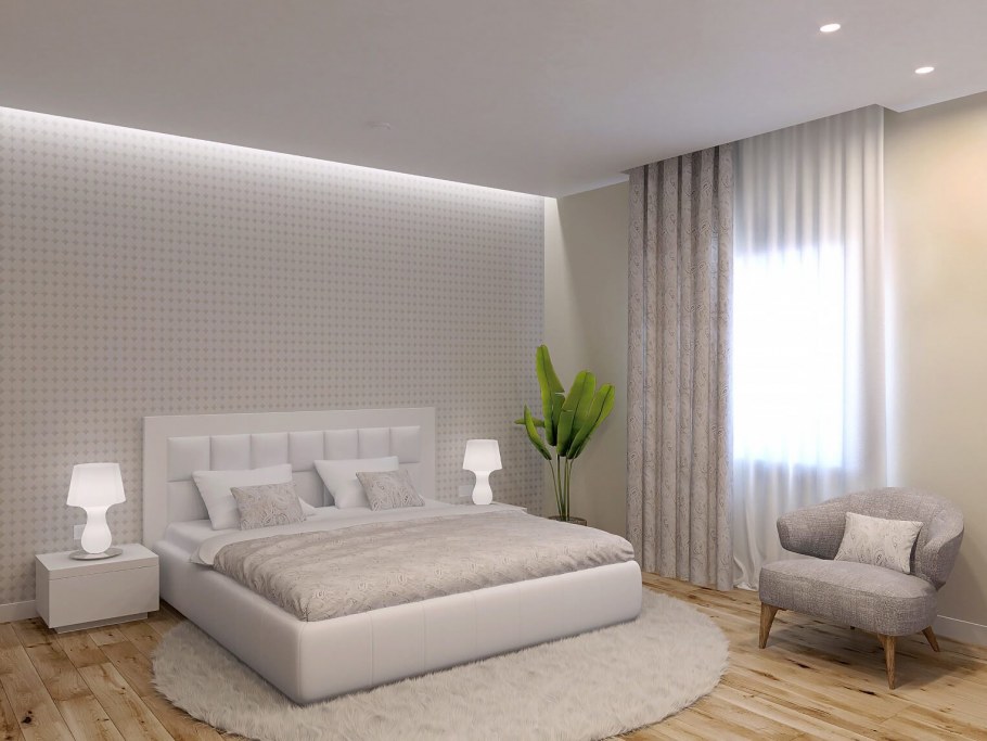 Спальня в минималистическом стиле в бежевых оттенках