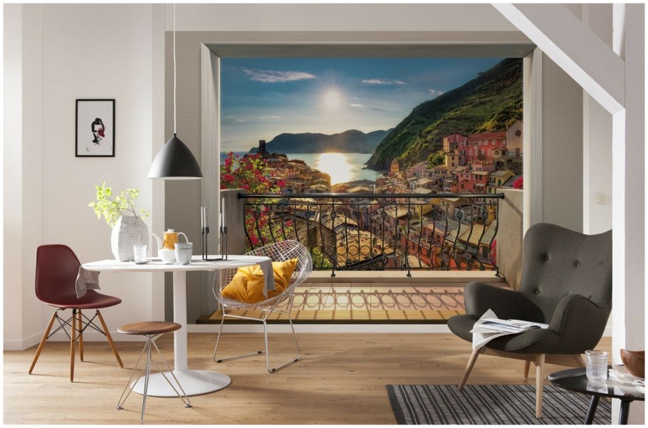 Телевизор на фоне фотообоев в интерьере