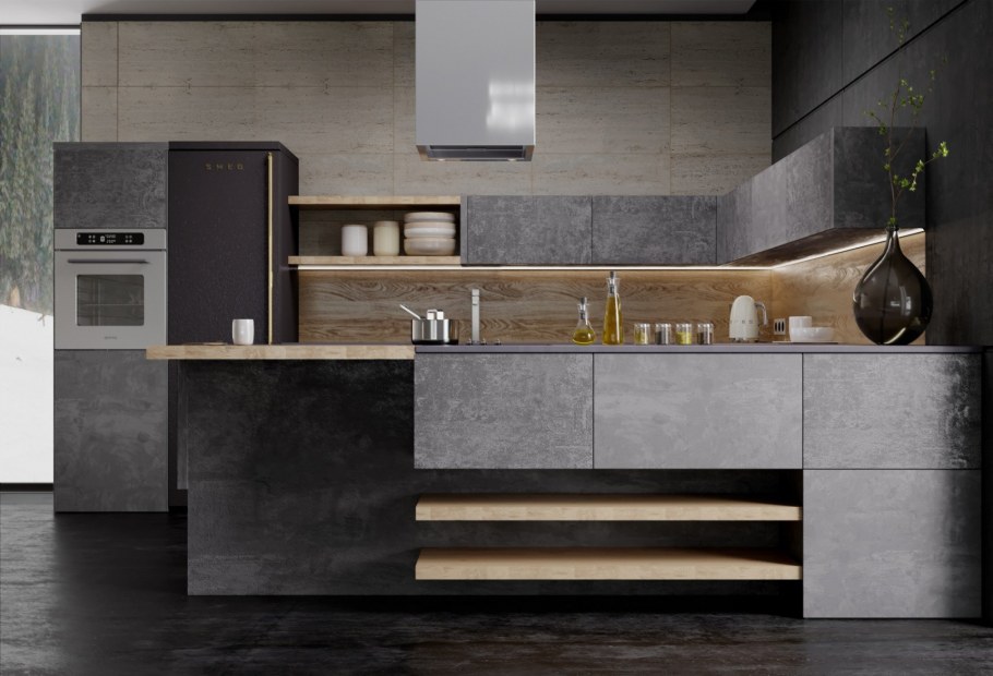 Кухня под бетон с деревом