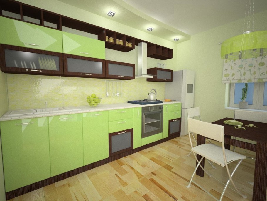 Интерьер кухни в зелено бежевых тонах