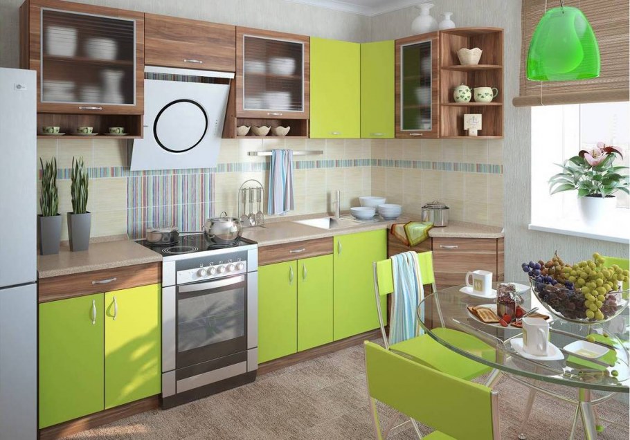 Фисташковые стены в интерьере кухни