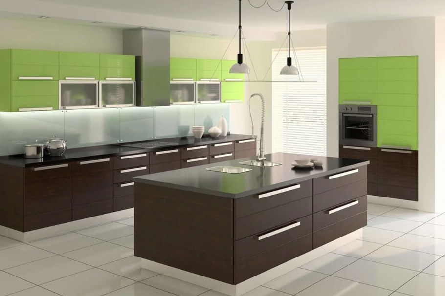 Коричневой салатовый интерьер кухни