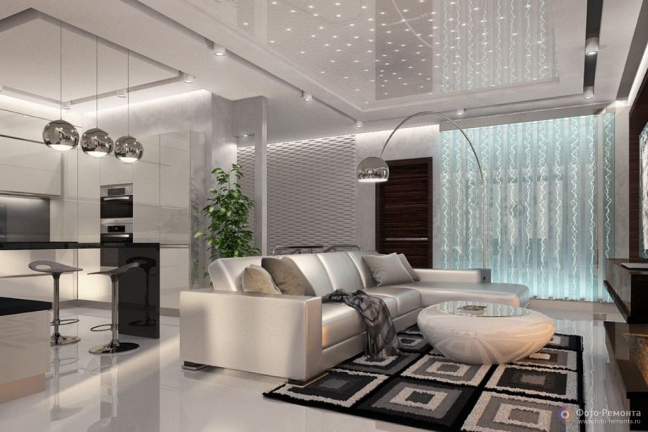 Потолок в гостиной в современном стиле