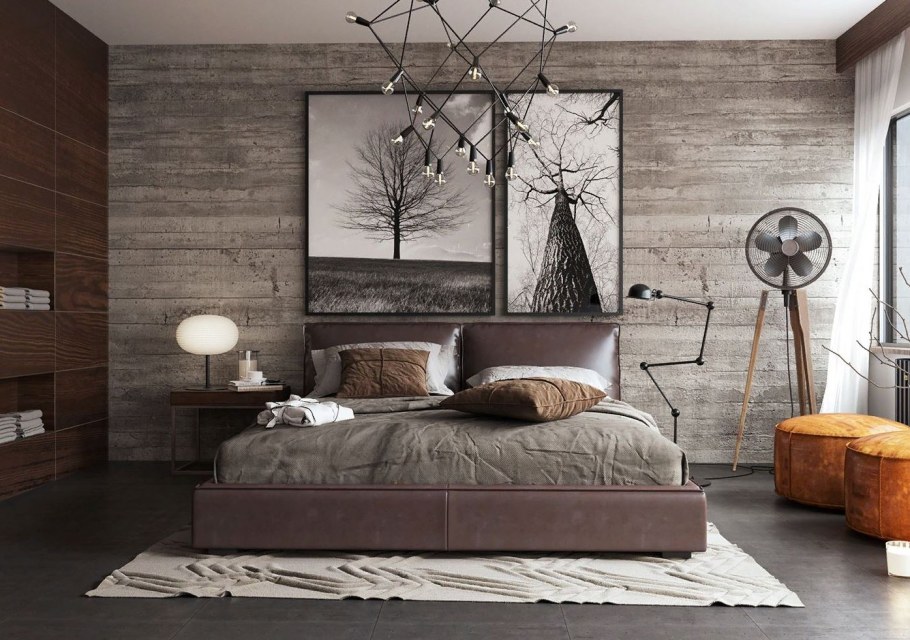 Спальня в стиле лофт с деревянной стеной