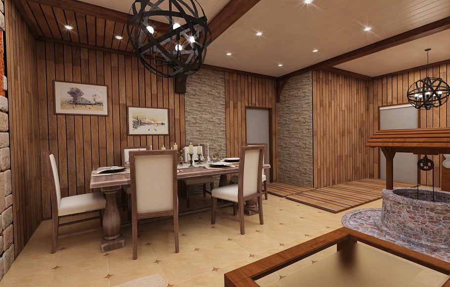 Интерьер бани с комнатой отдыха из бревна