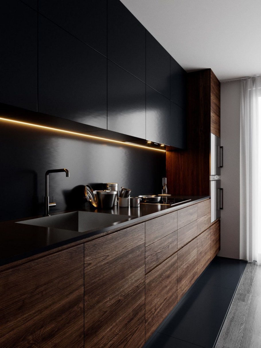 Кухня черная с деревом