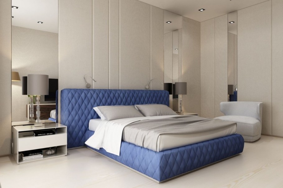 Интерьер с синей кроватью спальни бархатной