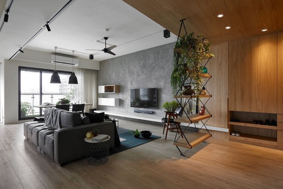 Сочетание бетона и дерева в интерьере