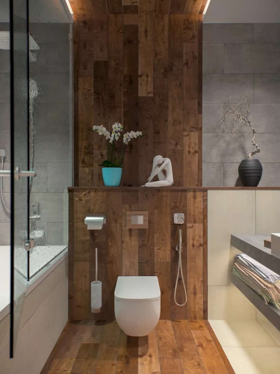 Ванная с плиткой под дерево