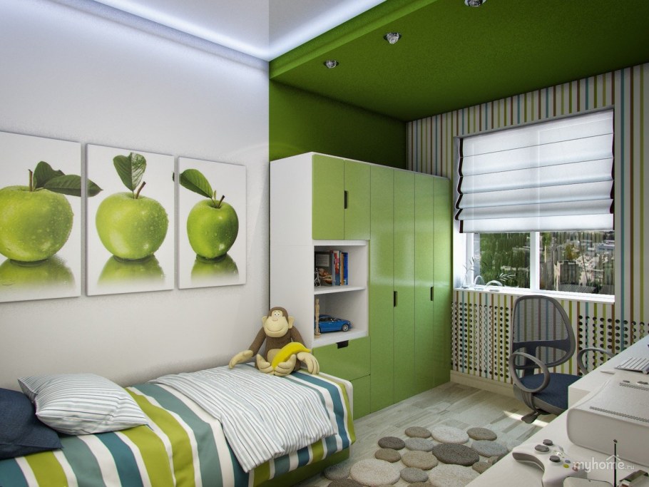 Детская комната с зелеными стенами