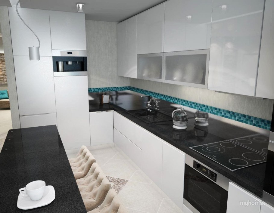 Бирюзовая кухня с темной столешницей