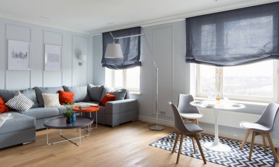 Голубая кухня гостиная в скандинавском стиле