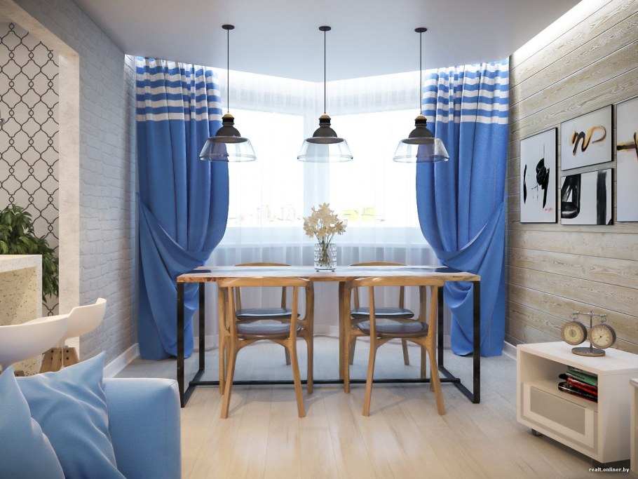 Синие шторы в спальне Скандинавский стиль