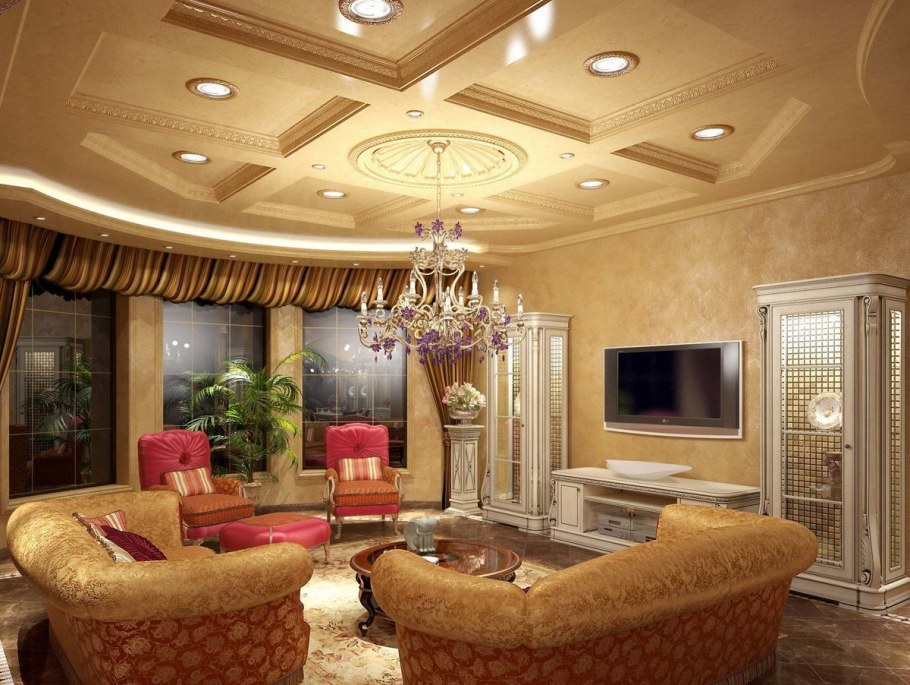 Натяжные потолки в классическом стиле в гостиной