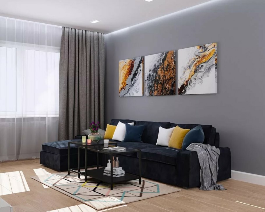 Серый диван в интерьере гостиной