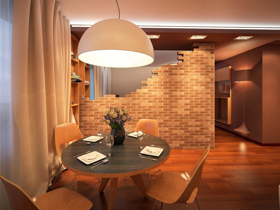 Кирпичная стена в интерьере гостиной