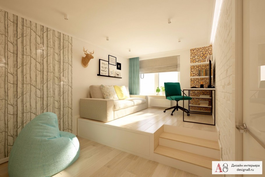 Зонирование комнаты обоями на спальню и гостиную