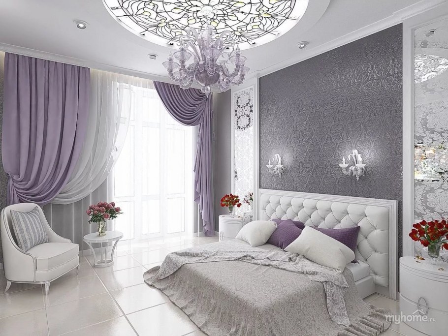 Сиренево серая спальня