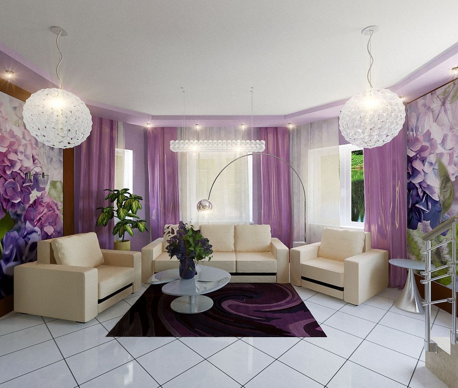 Шторы в гостиную в классическом стиле сиреневые