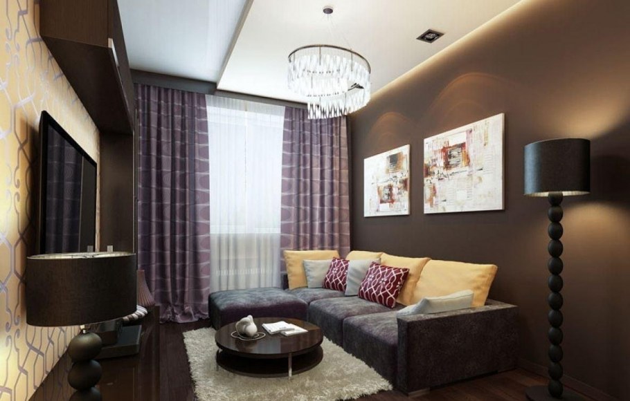 Гостиная с черным диваном